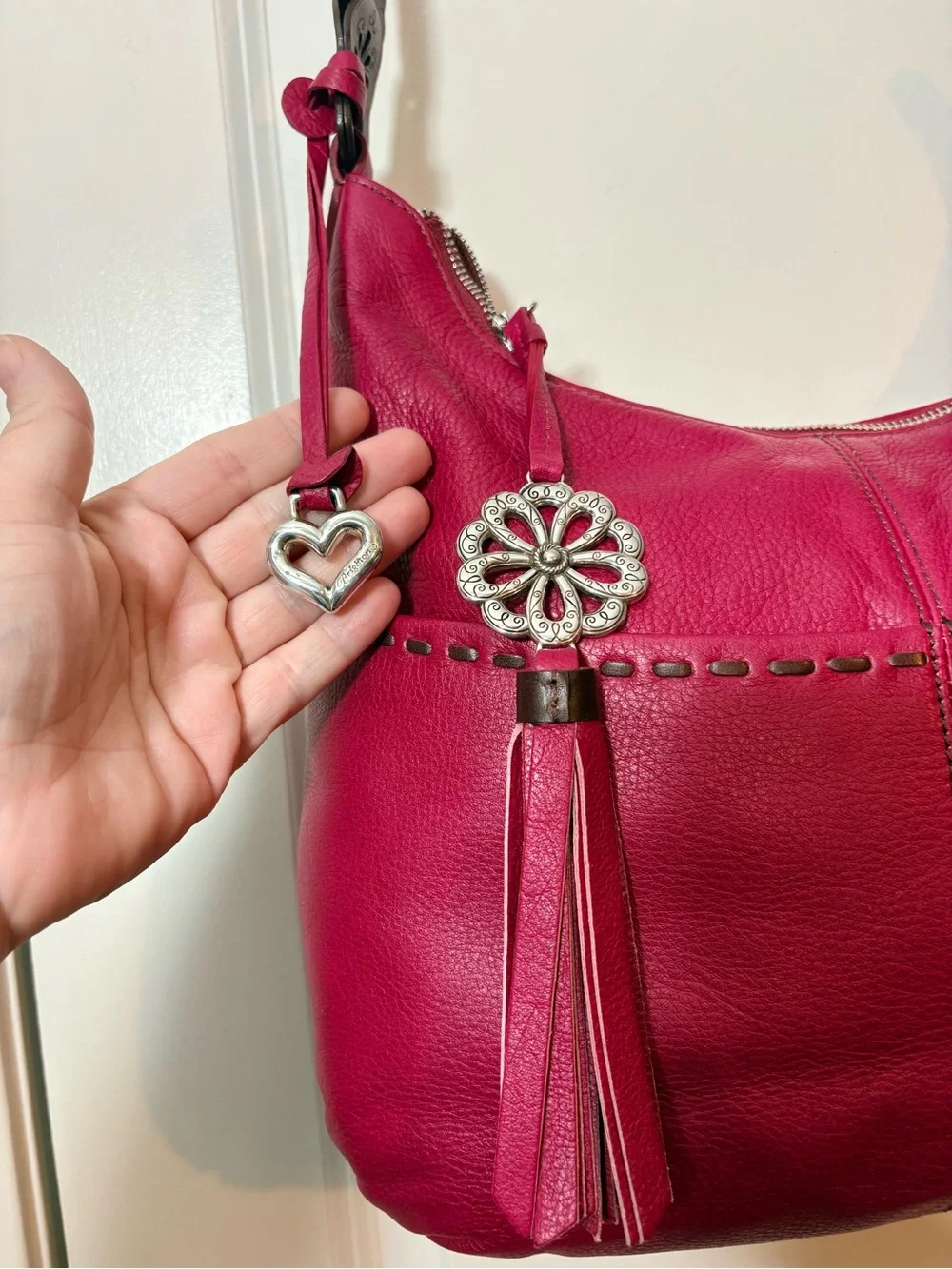 Brighton Berry Pink Leather Hobo Shoulder Bag Scalloped Floral Strap F146897